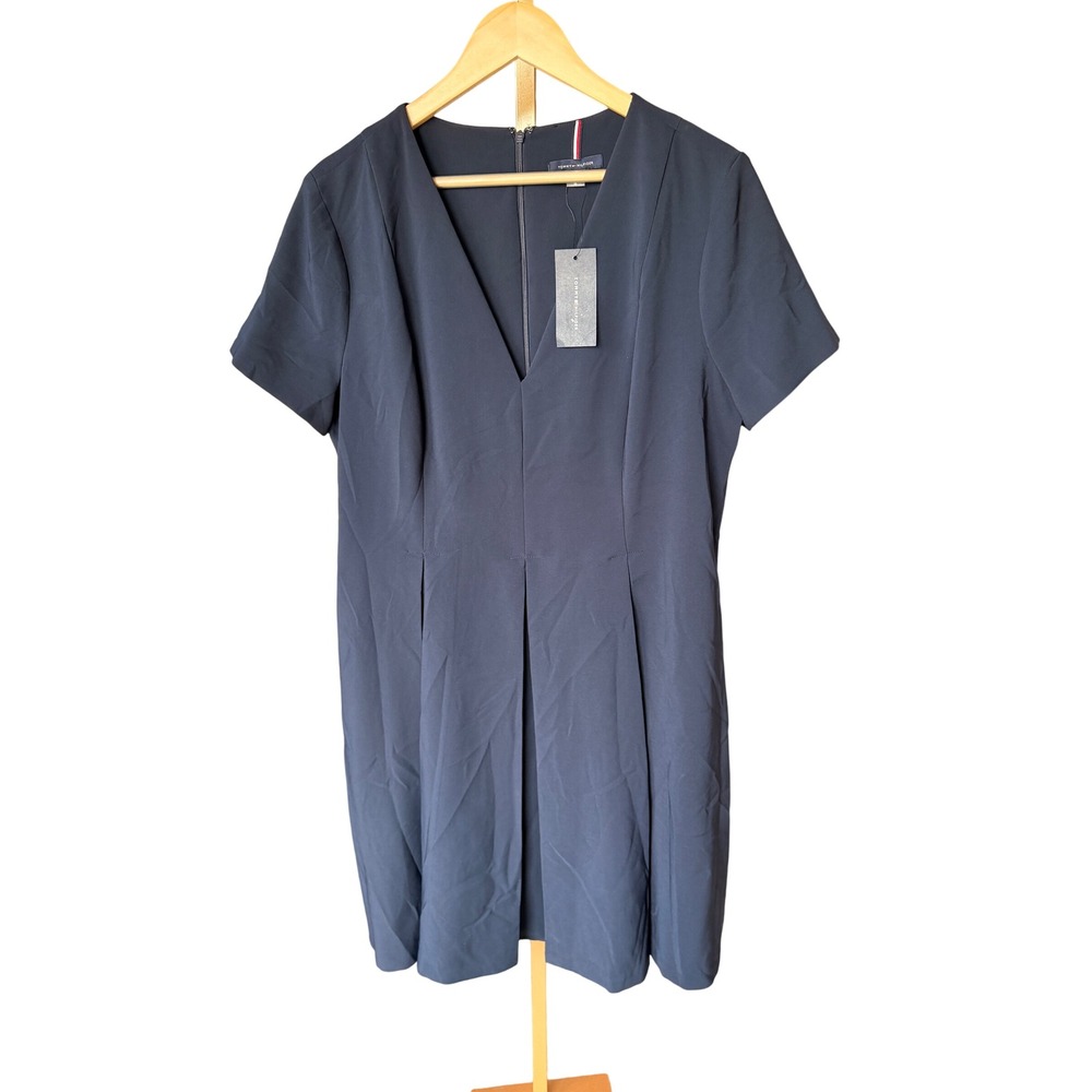 Tommy Hilfiger Women Navy Blue Short Sleeve V Neck‎ Pleated Sheath Dress Size 16
